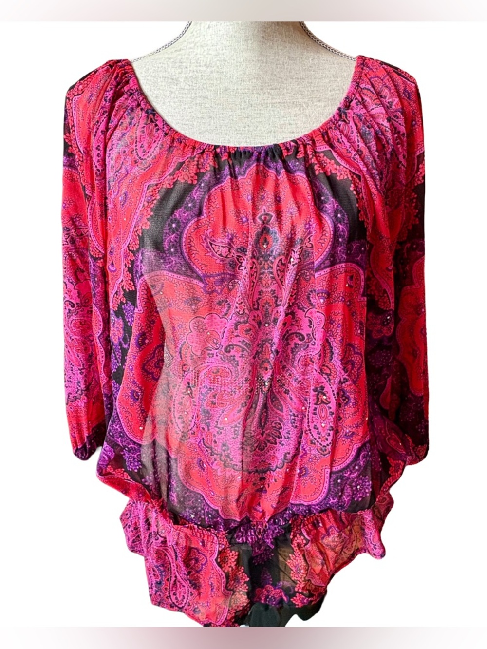 Inc International Concepts Sheer Women's Red, Purple & Black Boho Paisley Top